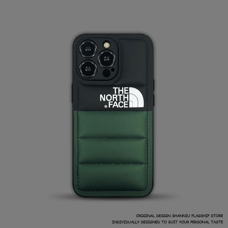 Down Jacket Style Trendy Brand North Face Mamba Green iPhone 17 Pro Max Phone Case Original Color-Blocking Design Suitable for Apple 16 Pro, 15 Pro, Couple Style for Men and Women, 14 Autumn and Winter Leather Texture, 13 Full-Cover Anti-Drop Protective Case