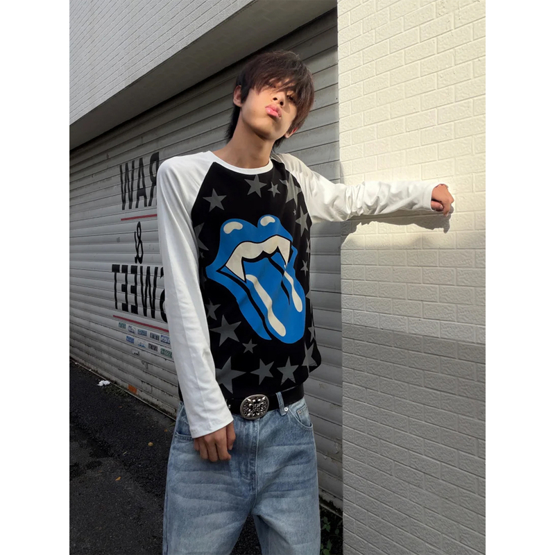 Rolling Stones Big Tongue Star Print Camouflage Raglan Lightweight Street Style Long Sleeve T-Shirt Unisex Loose Casual Base Shirt Rolling Stones Big Tongue Star Print Camouflage Raglan Lightweight Street Style Long Sleeve T-Shirt Unisex Loose Casual Base Shirt
