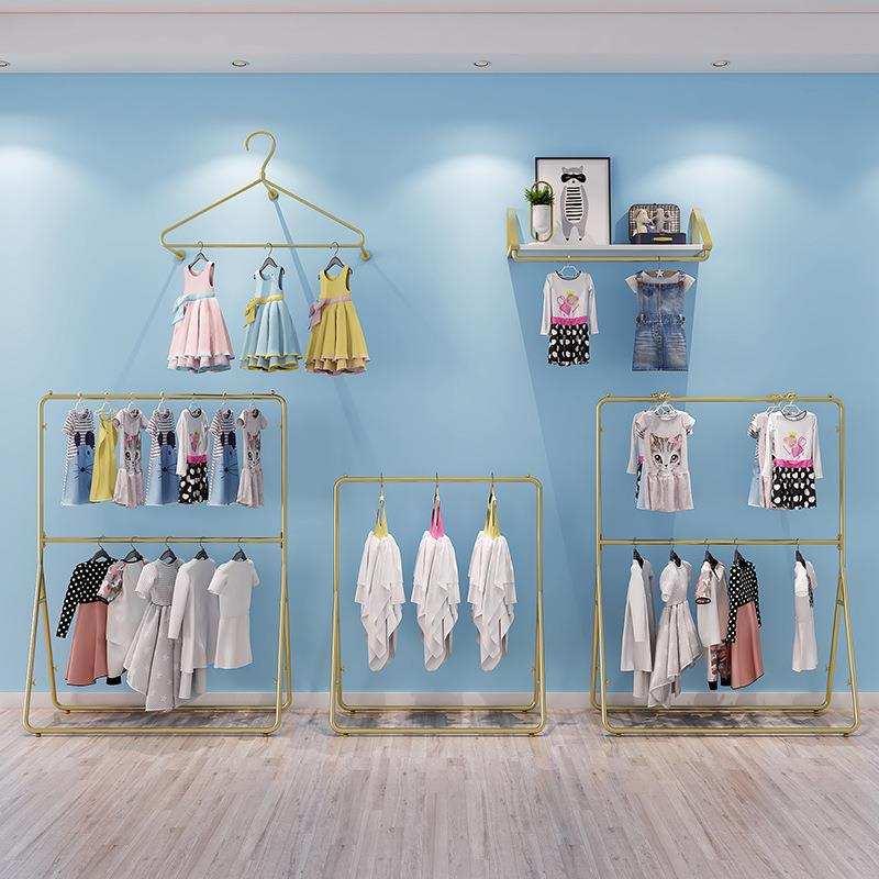 Clothing Store Shelf Display Show Rack Children's Clothing Shop Furnishing effect diagram Wall double coat hanger on floor hanging clothes pole-Taobao