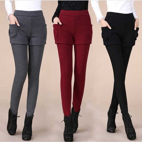 New sweet and winter casual pants plus thick fake two pieces of pants and pants wear high waist trousers and elastic fit