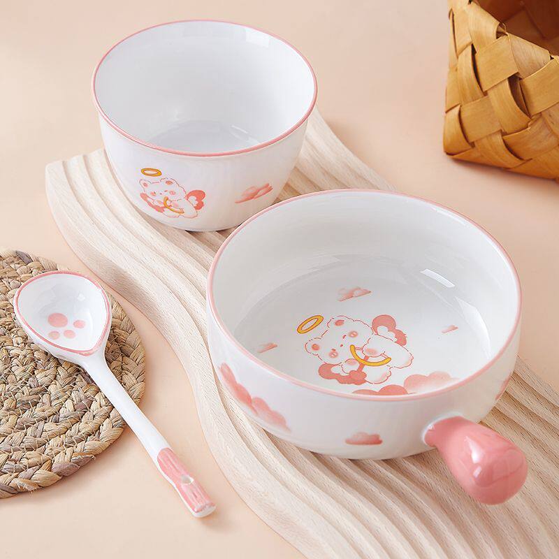 Japanese-style cartoon tableware for one person Internet celebrity INS style ceramic tableware set household bowl spoon combination cute and interesting