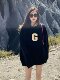 Black sweatshirt for women spring and autumn 2024 new hot style hoodless round neck simple letter print mid-length large size jacket