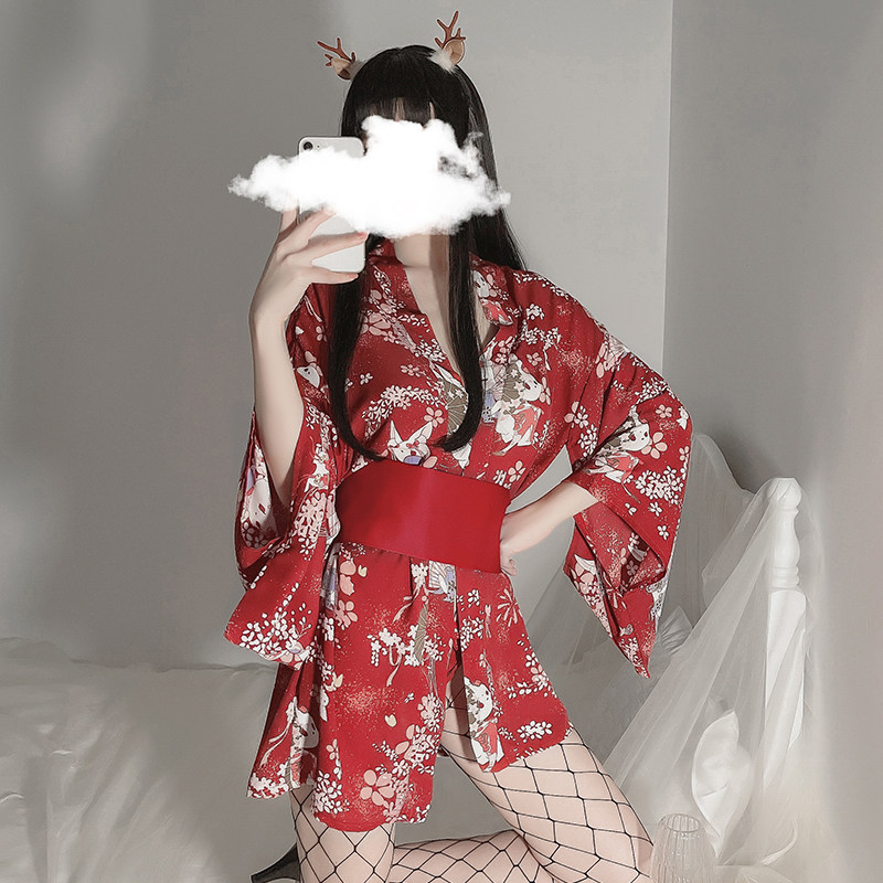 Two-dimensional sexy lingerie oiran girl summer Japanese prints and deep v pajamas suits to be your cat