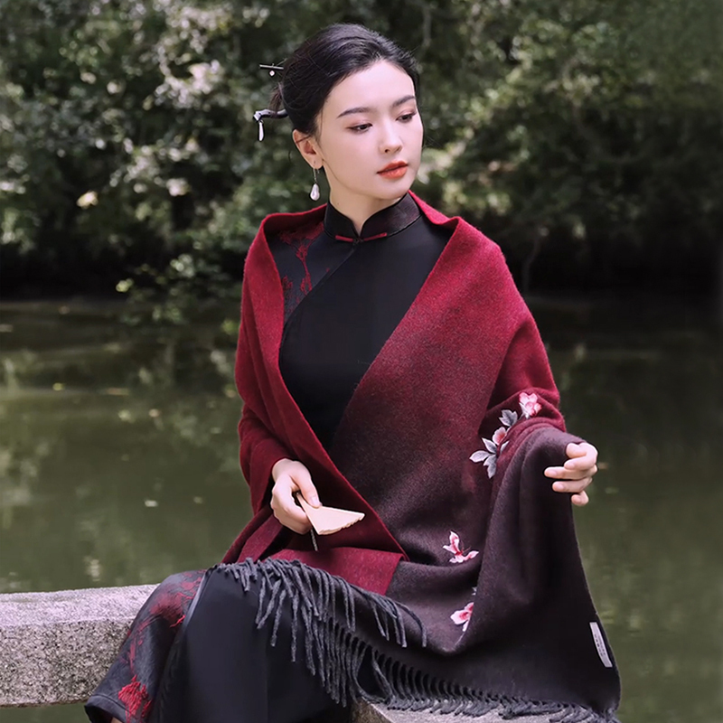 Screen-Printed Suzhou Embroidery Shawl, Cashmere Scarf for Women, Mother's Wedding Wool Shawl, High-End Silk Scarf, Autumn and Winter Cape Gift