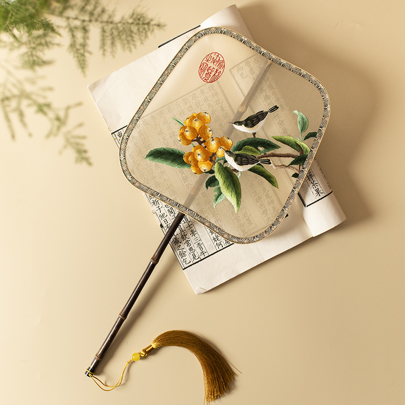 Sieyue ancient style handmade double-sided embroidered group fan with long fan handle embroidery Suzhou embroidery retro Hanfu fan court fan