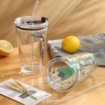 2021 new water Cup Net red mouth large transparent large capacity glass with straw glass with milliliter scale water Cup