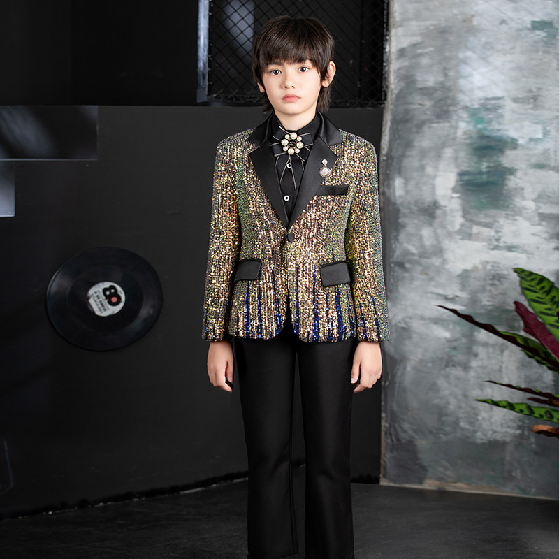 2022 New Children's Suits Boys Gold Sequins Catwalk Dress Shiny Stage Dance Performance Suits