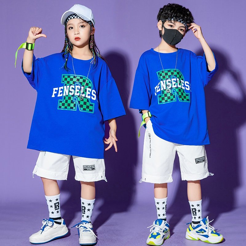 Children's hip-hop trendy clothing summer boys hip-hop loose performance clothing girls jazz dance short-sleeved dance performance clothing