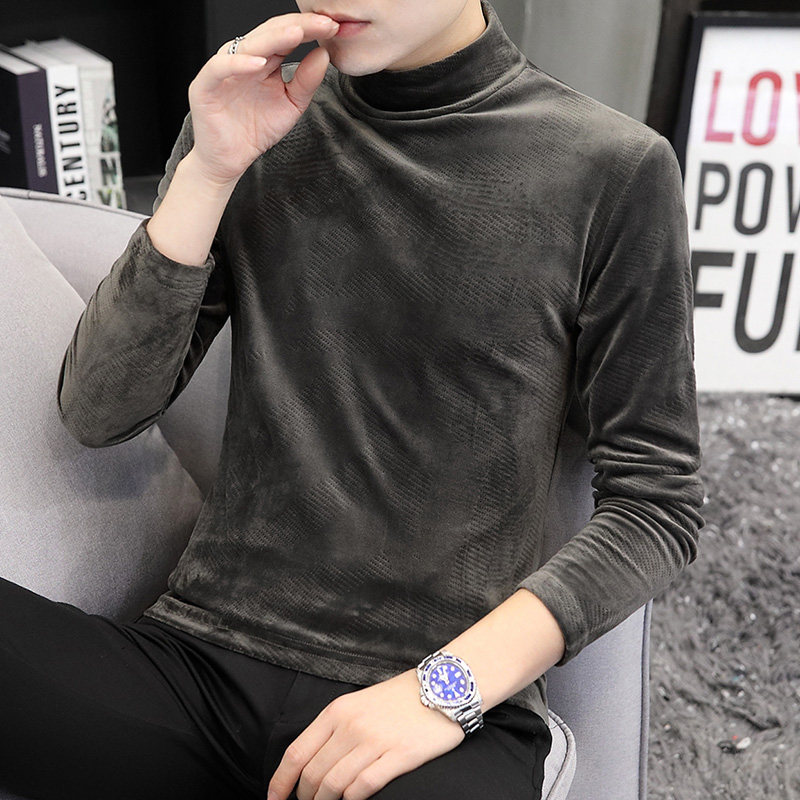 Long-sleeved T-shirt men's 2022 new warm gold velvet half turtleneck bottoming shirt men's inner autumn and winter tops