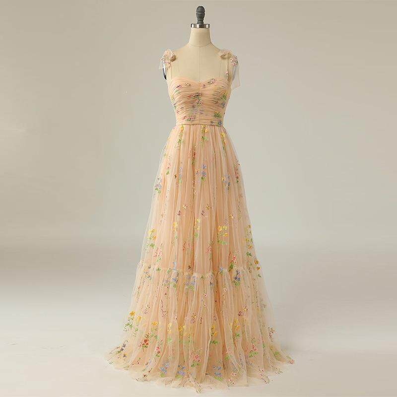 Cross-Border Evening Dress with Straps and Small Train, Amazon Strapless Floral Long Dress for Seaside Vacation and Travel Photography, European and American Style Cross-Border Evening Dress with Straps and Small Train, Amazon Strapless Floral Long Dress for Seaside Vacation and Travel Photography, European and American Style