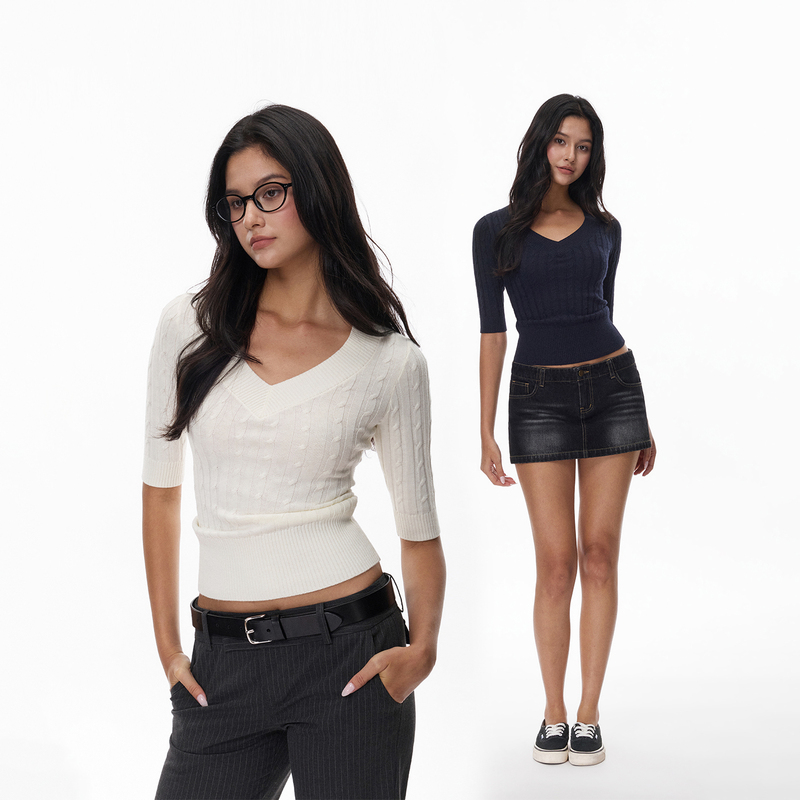 Jim Kennet V-Neck Cable Knit Mid-Sleeve Stretchy Slim-Fit Knit Top Jim Kennet V-Neck Cable Knit Mid-Sleeve Stretchy Slim-Fit Knit Top