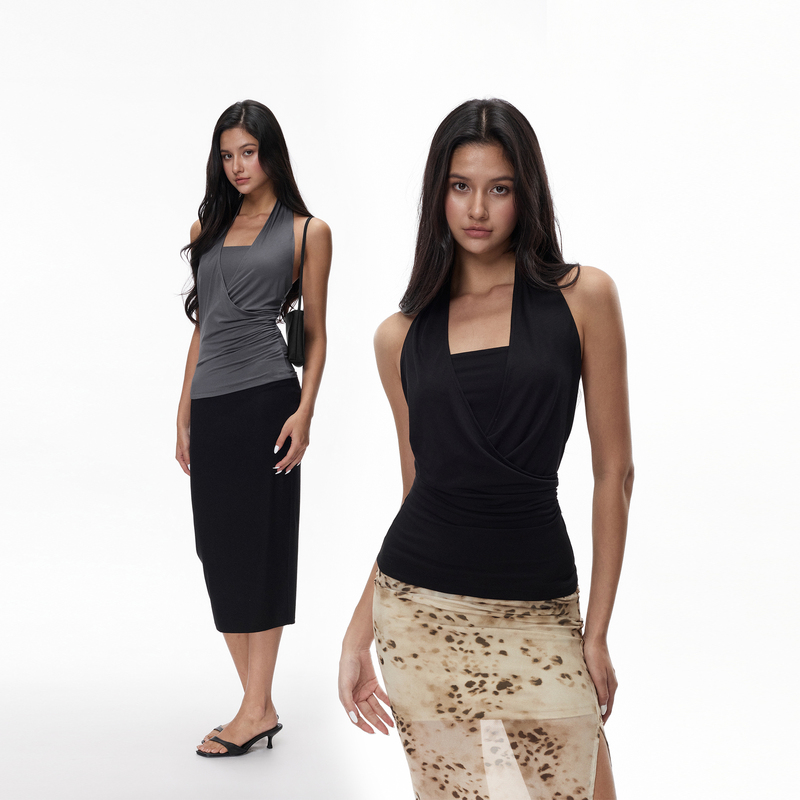 Jim Kennet Halter Neck Fake Two-Piece Cross V-Neck Elastic Slim-Fit Top Jim Kennet Halter Neck Fake Two-Piece Cross V-Neck Elastic Slim-Fit Top