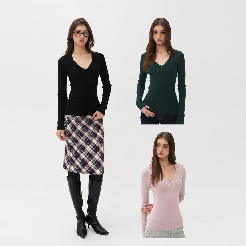 Jim Kennet Wool Three-Color V-Neck Slim-Fit Base Knit Sweater Jim Kennet Wool Three-Color V-Neck Slim-Fit Base Knit Sweater