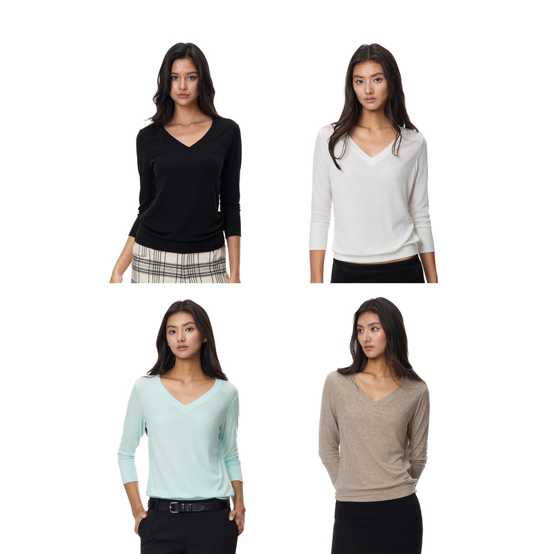 Jim Kennet V-Neck Three-Quarter Sleeve Stretch Short Knit Top Jim Kennet V-Neck Three-Quarter Sleeve Stretch Short Knit Top