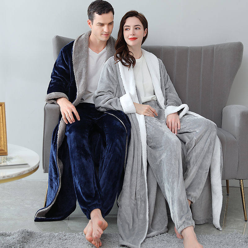 Couple sleeping robes female autumn winter flange suede pyjamas suit men's winter thickened lengthened minimalist warm coral suede bathrobe