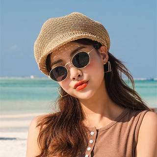 Summer Thin Beret Hollow Hat Women's Summer Korean Style Octagonal Hat Straw Hat Sun Protection Mesh Hat Travel Sun Hat