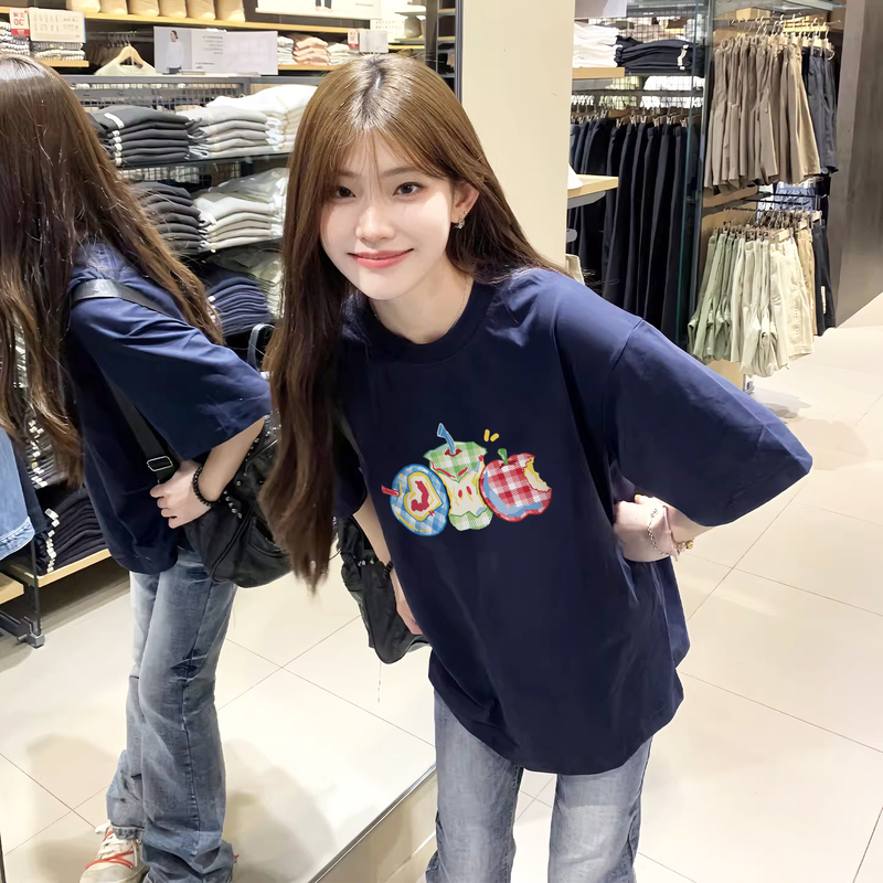 Navy Blue Short-Sleeved T-Shirt for Women, Summer Korean Style Half-Sleeved 2026 New Style Pure Cotton Loose-Fitting Top with Unique Design and Beautiful Appearance