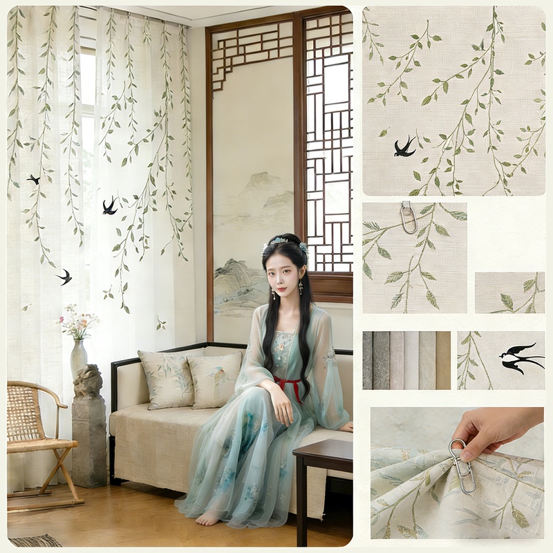New Chinese-Style Song Aesthetic Curtains, Linen Calligraphy, Zen Style, Traditional Chinese Style, Classical Balcony Living Room, Light-Transmitting but Not See-Through Sheer Curtains