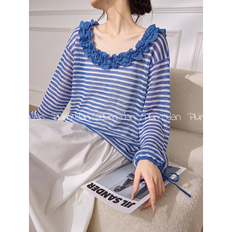 Plum Jan/Niche Casual Ruffled Design with a Relaxed Feel, Contrasting Striped Summer New Long-Sleeved Blouse for Women