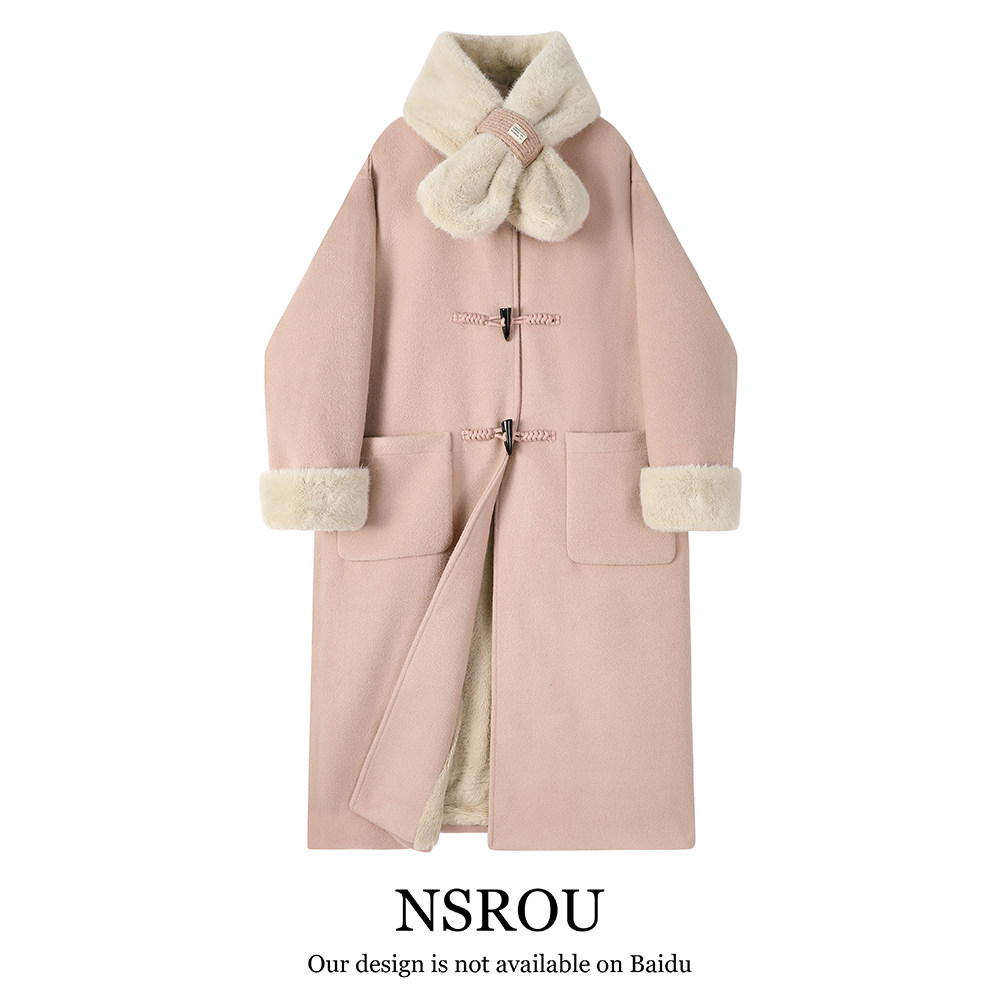 Korean in Korean ensemble Long-style horn buckle Double face cashmere pink wool big coat wool Thickened Coat Woman Autumn Winter Advanced Sensation-Taobao