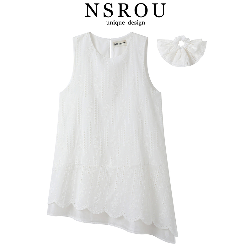 French-Style Gentle White Lace Embroidered Faux Two-Piece Shirt Dress for Women, Summer Outerwear, Slimming Tank Dress Top