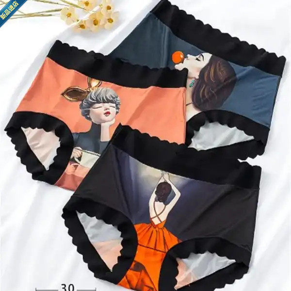 Woven underwear lady ice wire mask indentation underwear large 3D printed multi - flexible high - elastic mid - waist triangle pants