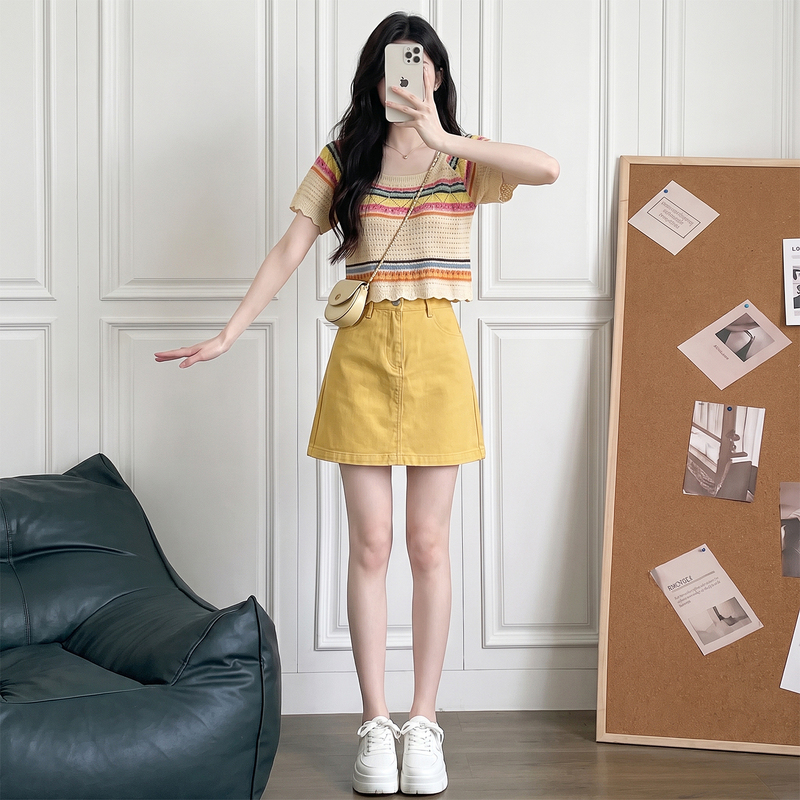 Shalldore【Cream Sweet Sequence】Fashionable Suit Summer New Style Knitted Top High-Waisted Skirt Two-Piece Set