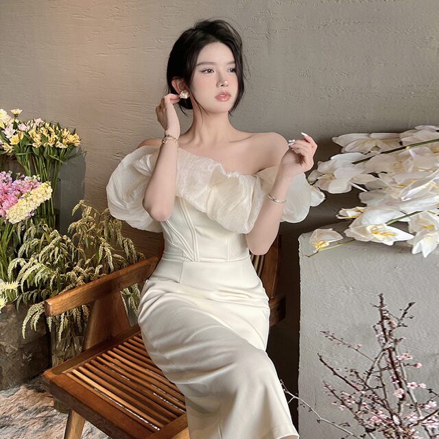 French temperament ladies one-shoulder dress high-end light luxury evening dress slim bag hip sexy tube top skirt summer