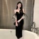 French Hepburn style high-end evening dress little black dress royal sister lady style sexy bag hip one-shoulder tube top dress