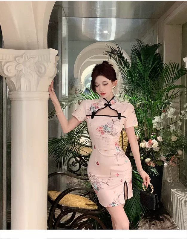 Phong cách dân tộc cổ điển phong cách Trung Quốc mới cải tiến sườn xám trẻ trung hot girl gợi cảm rỗng hông thon gọn váy mùa hè sườn xám body sườn xám cổ