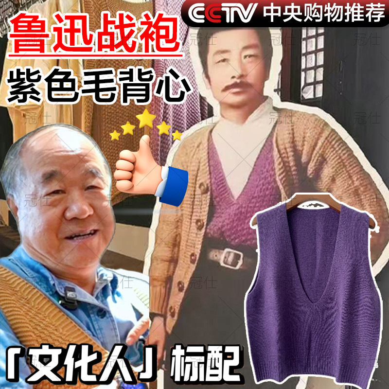 鲁迅同款毛背心文创周边衣服人文之宝大先生紫毛衣V领叠穿马甲xn