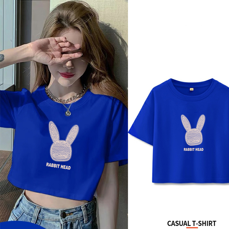 Right-Shoulder T-Shirt for Women 2023 Klein Blue New Short Style Short-Sleeved Pure Cotton Unique Sweet Cool Spring and Summer Hot Girl Top