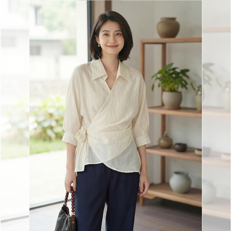 French Style Asymmetrical V-Neck Shirt for Women 2026 Spring New Design Lace-Up Waist-Cinching Thin Three-Quarter Sleeve Top