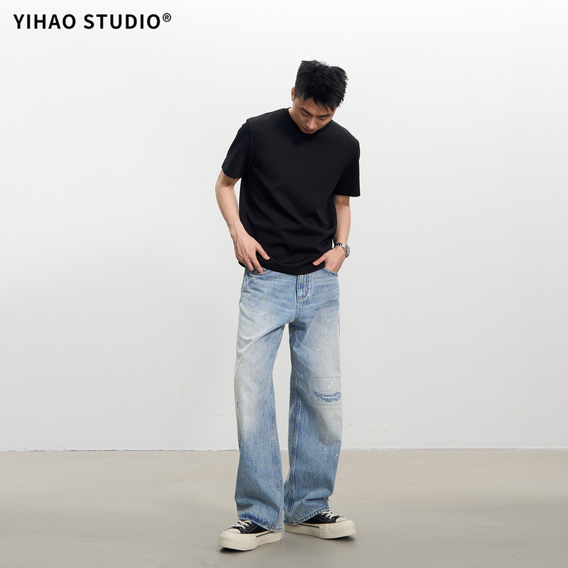 Yihao Studio New Summer Men's Straight Loose Jeans with Holes, American Style Washed Trendy Splatter Ink