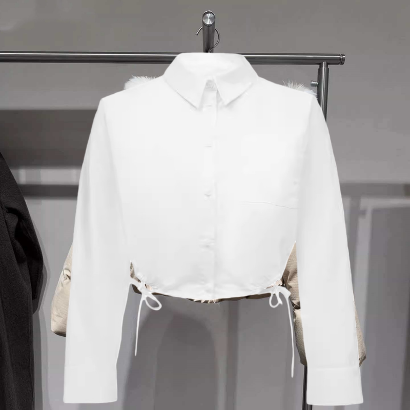 Shopping Mall Same Style Tops 2025 New Strappy Drawstring Shirt Waist Long Sleeve Short White Shirt for Women 205010