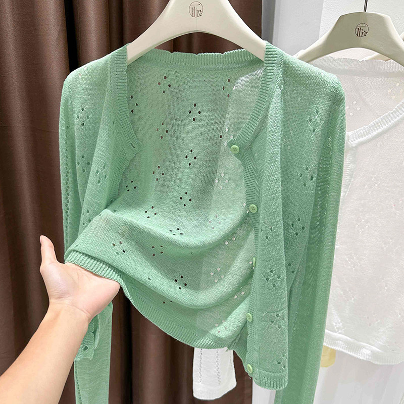 Very Beautiful Green Hollow-Out Sun Protection Cardigan Paired with a Skirt, Thin Summer Knit Jacket, Ice Silk Outerwear, Cheongsam Shawl