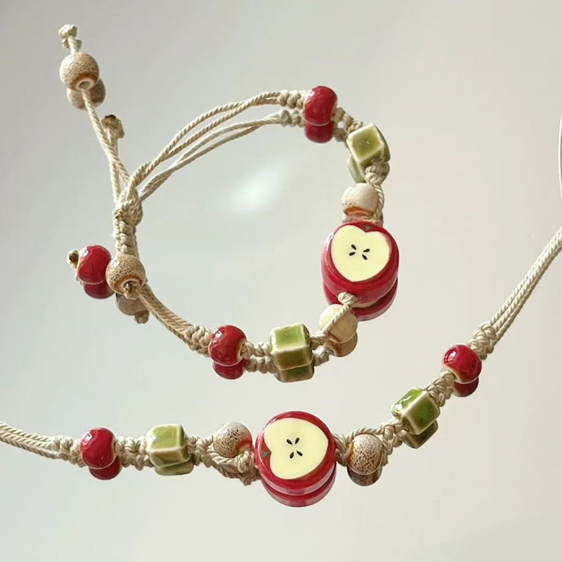 Ceramic Apple Beaded Woven Bracelet for Women, Niche Design, Exquisite and Versatile, Cute Bracelet for Best Friends and Couples Ceramic Apple Beaded Woven Bracelet for Women, Niche Design, Exquisite and Versatile, Cute Bracelet for Best Friends and Couples