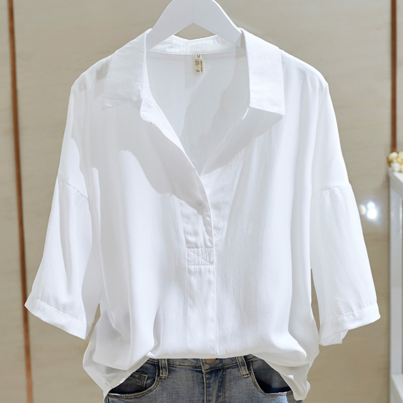 Casual short-sleeved white shirt women's 2022 summer new loose drapey V-neck pullover shirt top