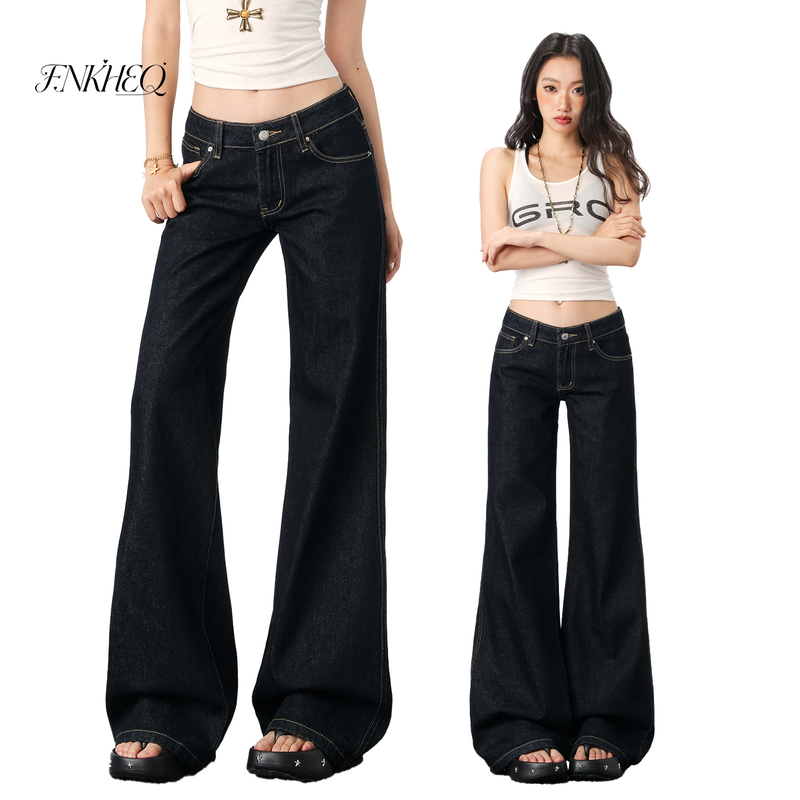 Fnkheq Original Color Low-Waist Straight-Leg Jeans for Women, New American-Style Fleece-Lined Flared Floor-Length Pants for Autumn and Winter