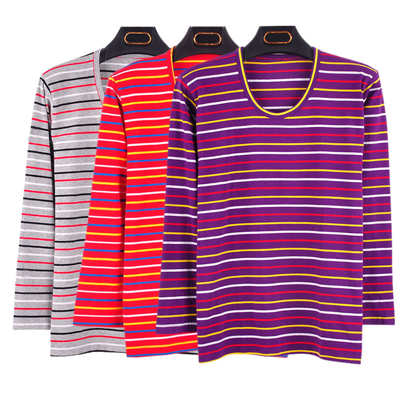 Three-gun middle-aged lady low-round neck pure cotton sweater loose large number of laika striped autumn sweater bottom