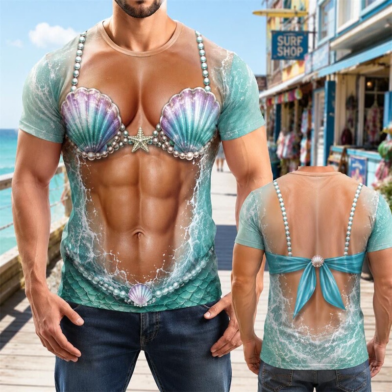 Mermaid-Themed Bikini Muscle Simulation 3D Printed T-Shirt, Vacation, Quirky, Fun, Versatile, Round Neck, Summer