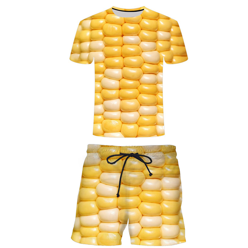 2024 Summer 3D Cool T-Shirt Funny and Quirky Clothes for Men and Women Corn Pattern Funny Short-Sleeve Watermelon Set