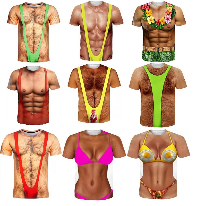 Creative and Funny Macho Muscle Quirky Clothing Trendy Men's Short-Sleeved T-Shirt with 3D Stereo Pattern Personalized Fake Chest and Abdominal Muscle Shirt