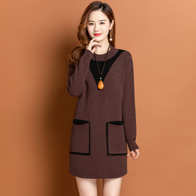 Round neck cardigan women's sweater autumn and winter mid-length large size loose thickened cashmere bottoming sweater knitted dress