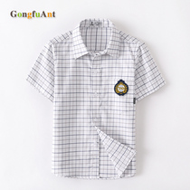 Boys grid shirt short-sleeved school uniform summer cotton thin white shirt Primary School white shirt primary school class uniforms