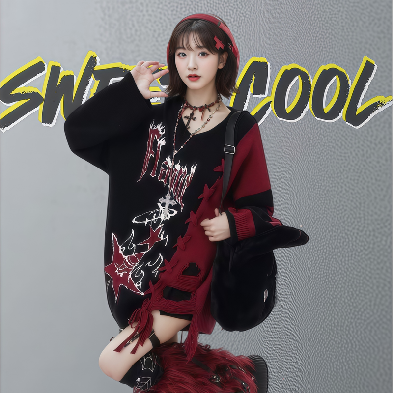 Subculture Color-Blocked Tie V-Neck Sweater Autumn and Winter Blue Gothic Sweet Cool Loose Y2K Spicy Girl Knit Top Trendy