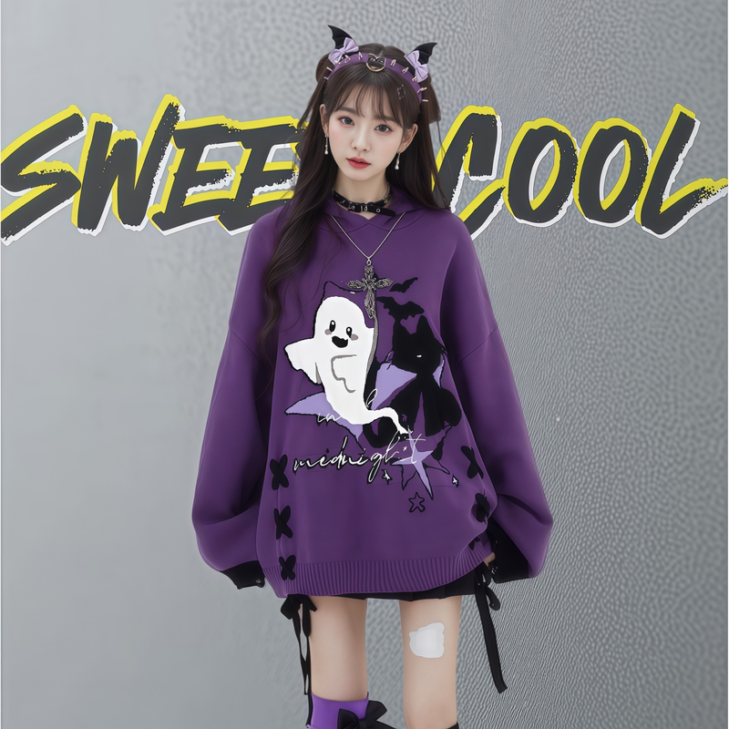 Subculture Ghost-Style Tie-Dye Black and Purple Color-Blocking Hooded Sweater for Women, Autumn and Winter Lazy Style Loose-Fitting Spicy Girl Knit Top
