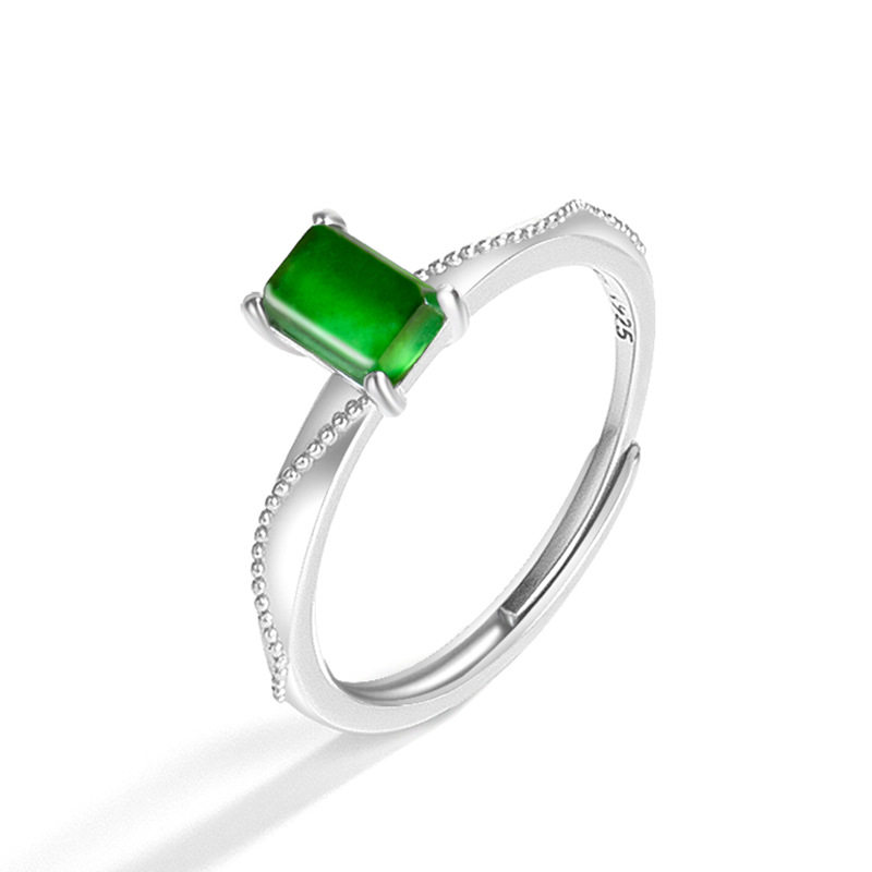S925 silver natural A goods jade green small sugar cube saddle ring ice jade ring fashion ring for women