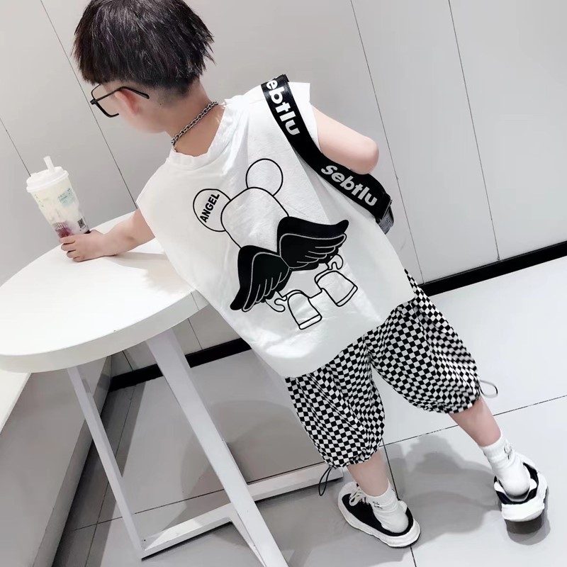 Korean vest suit boys summer clothes 2022 summer new middle and big boys thin section net red children's handsome shorts sleeveless
