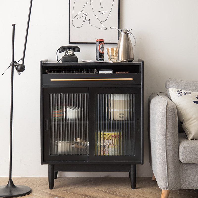 Simple and modern black dining cabinet all solid wood living room tea cabinet Nordic small apartment Italian storage locker